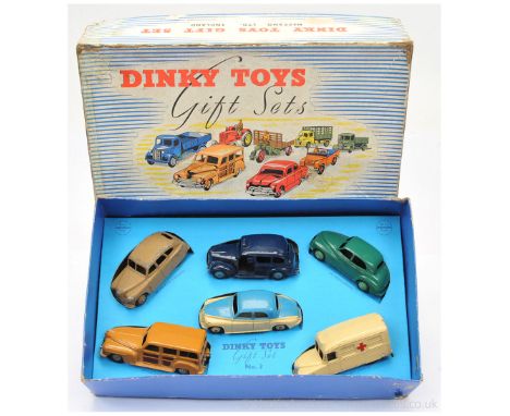 Dinky 3 "Passenger Cars" Gift Set - includes 27f Plymouth Estate Car - dark tan, brown side and rear panels, fawn ridged hubs