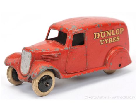 Dinky Pre-war 28h (Type 2) Delivery Van "Dunlop Tyres" - red body, black smooth hubs with white tyres - overall condition is 