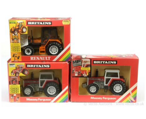 Britains 9518 Renault 145-14 Tractor (click click click) - orange, grey, black; 9517 Massey Ferguson 2680 Tractor (click clic