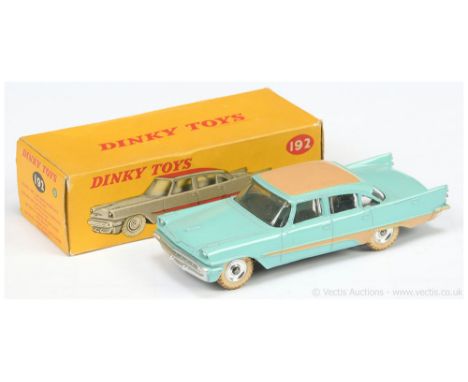 Dinky 192 De Soto Fireflite Sedan - turquoise body, light tan roof panel and side flashes, silver trim, chrome spun hubs with