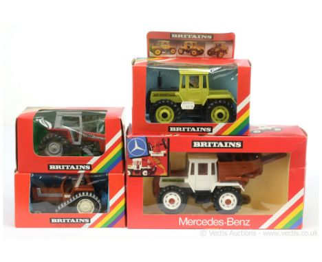 Britains 9525 Mercedes Trac 1500 Tractor - lime green, black, with figure driver (box comes with detachable header); 9527 Fia