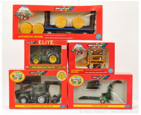 Britains 09447 Valtra Valmet Forest Tractor - green, black with logs; 9542 Forage Harvester; 9590 Disc Harrow; 9591 Flat Bed 