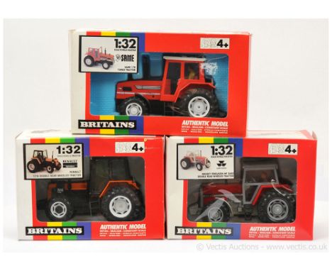 Britains 9498 Renault 155-54 Turbo Tractor with Double Rear Wheels - orange, black, white, figure driver; 9500 Massey Ferguso