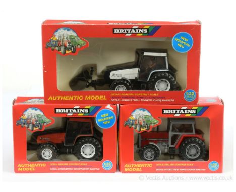 Britains 9439 Valmet 8750 Tractor - dark orange, black, figure driver; 9501 Massey Ferguson 3680 Tractor - red, grey, black, 