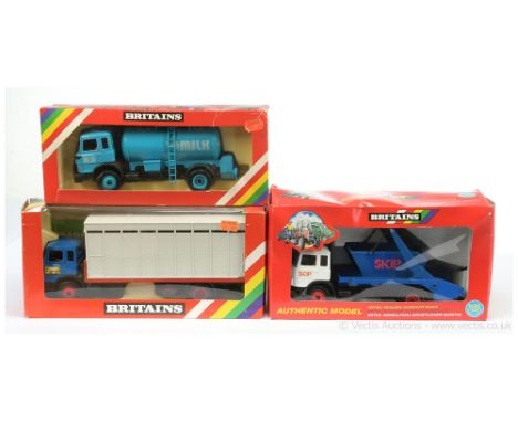 Britains 9580 Animal Transporter- blue cab, black chassis, pale grey back, red flatbed &amp; hubs, figure driver; 9603 Skip T