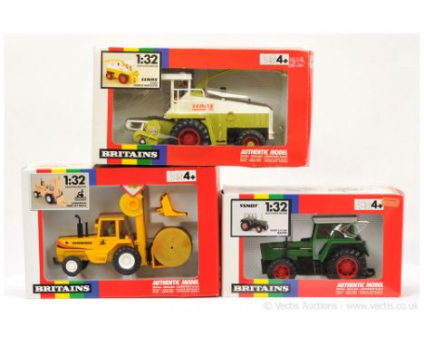 Britains 9504 Fendt 615 LSA Tractor - green, black, white, red, figure driver; 9513 Sanderson Fork Lift Truck - yellow, white