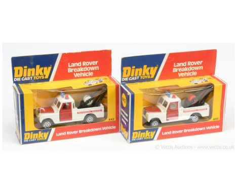 Dinky 442 Land Rover Breakdown Vehicle "Motorway Rescue" - a pair (1) white body &amp; interior, red doors, bonnet &amp; plas