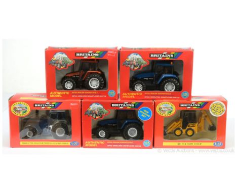 Britains 9442 Ford 8730 Tractor with floatation tyres; 9444 New Holland Tractor - blue, black, grey; 09453 JCB 1CX Skid Steer