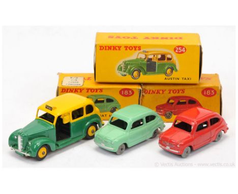 Dinky 183 Fiat 600 Saloon - red body, grey smooth wheels, silver trim; another but pale green body and 254 Austin "Taxi" - tw