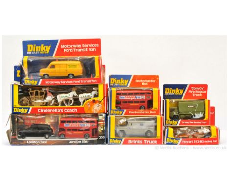 Dinky group to include 111 "Cinderella's" Coach; 226 Ferrari Racing Car; 275 "Brinks" Armoured Truck; 289 London Transport Ro