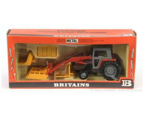 Britains 9595 Massey Ferguson 695 Tractor with front loader - grey, red with figure driver &amp; comes with attachments and 8