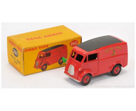 Dinky 260 Morris Commercial "Royal Mail" Delivery Van - red body and ridged hubs with treaded tyres, black roof panel, silver