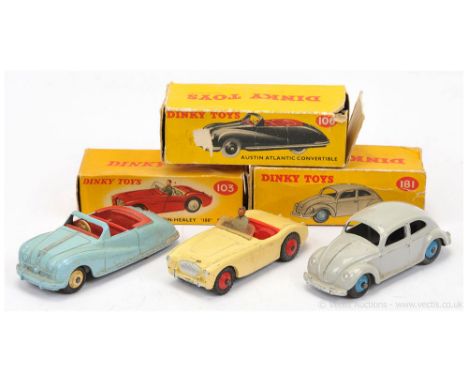 Dinky 103 Austin Healey 100 Sports Car - cream body, red interior and ridged hubs with treaded tyres, figure driver; 106 Aust