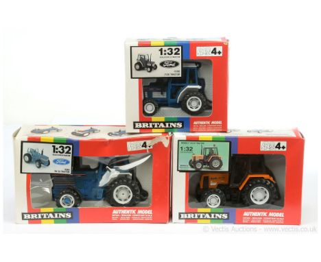 Britains 9493 Renault 103-54 Tractor - orange, black, white, figure driver; 9495 Ford 2120 Tractor - blue, grey, figure drive