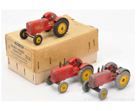 Dinky 27a Trade Pack Massey Harris Tractor containing 3 examples - (1) red, yellow metal wheels; (2) same as (1) and (3) same