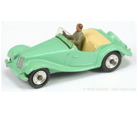 Dinky 102 MG Midget Sports Car - pale green, cream interior and tonneau with figure driver, silver trim, chrome spun hubs wit