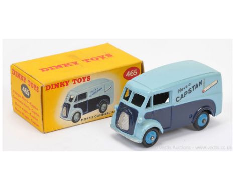 Dinky 465 Morris Commercial "Have a Capstan" Van - two-tone blue, silver trim, mid-blue ridged hubs with smooth tyres - overa