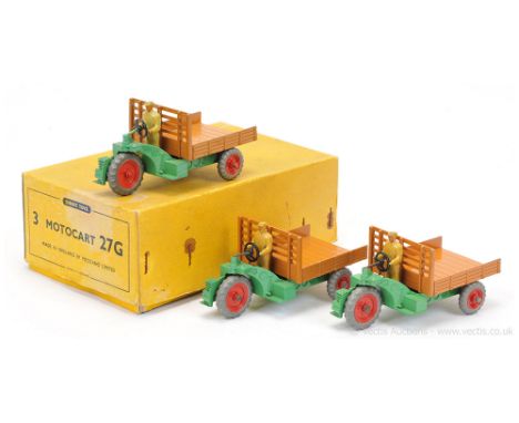 Dinky 27g Trade Pack Motocart containing 3 x examples all finished in green, dark tan tipper, light tan figure driver, red me