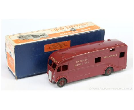 Dinky 581 Horse Box Export Issue "Express Horse Van Hire Service" - maroon including Supertoy hubs with black treaded tyres, 