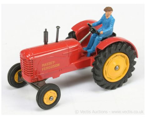 Dinky 300 Massey Ferguson Tractor - red body with plastic figure driver, yellow wheels (plastic to front), black metal chimne