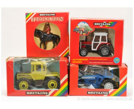 Britains 9502 Massey Ferguson 362 Tractor - red, white, grey, figure driver; 9523 Ford TW-20 Tractor - blue, white, figure dr