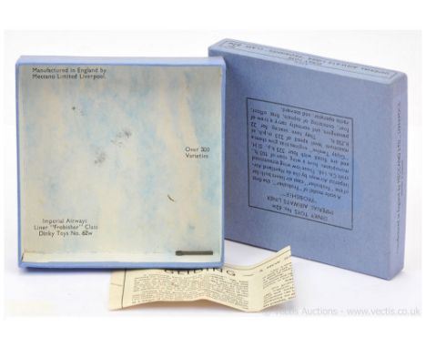 Dinky Pre-war 62w Imperial Airways Liner "Frobisher" Class - Empty blue lift off lid Box with instruction leaflet and gliding