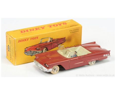 French Dinky 555 Ford Thunderbird Cabriolet - red body, very pale green interior with figure driver, silver trim, chrome conc