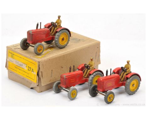 Dinky 27a Trade Pack Massey Harris Tractor containing 3 examples - (1) red, yellow metal wheels; (2) same as (1) and (3) late