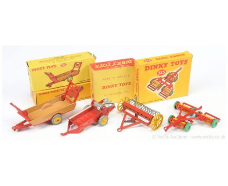 Dinky Farm Implements group to include 320 Harvest Trailer - tan, red including detachable raves, metal wheels; 321 Manure Sp