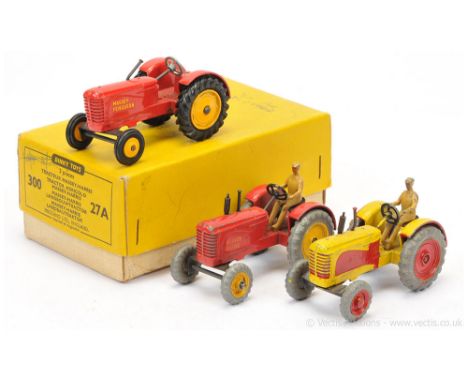 Dinky 27a (300) Trade Pack Massey Harris Tractor containing 3 examples - (1) red, yellow metal wheels, light tan figure drive
