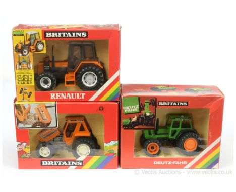 Britains 9518 Renault 145-14 Tractor (click click click) - orange, black, pale grey, white; 9529 Fiat Double Rear Wheeled Tra