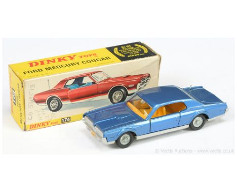 Dinky 174 Ford Mercury Cougar - blue body, yellow interior, silver base, cast detailed hubs, chrome pop-up aerial - overall c