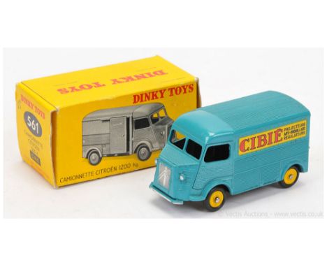 French Dinky 561 Citroen type H Van "Cibie" - dark turquoise body, silver trim, yellow concave hubs with smooth tyres - Near 