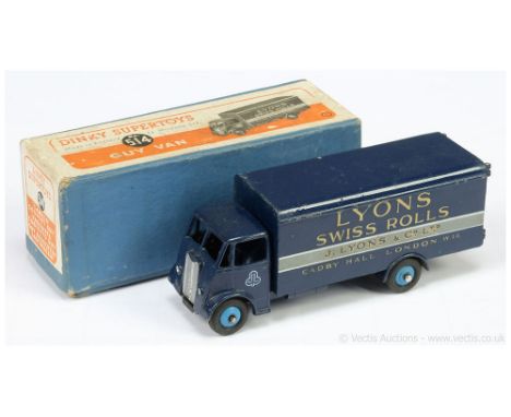 Dinky 514 Guy (Type 1) "Lyons Swiss Rolls" Van - dark blue cab, chassis and back, silver and gold trim, mid-blue ridged hubs 