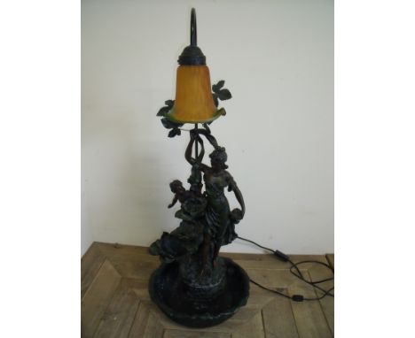 Bronze effect table lamp fountain with mottled glass Tiffany style shade in the form of semi clad lady and cherub  