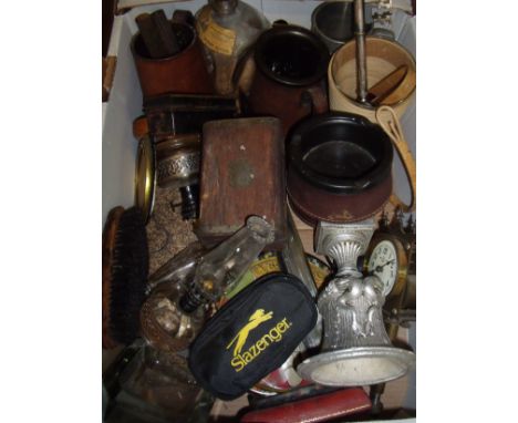 Box of assorted collectable's including wooden boxes, tin cash box, bracket clock movement, John Haigh dimple decanter, ashtr