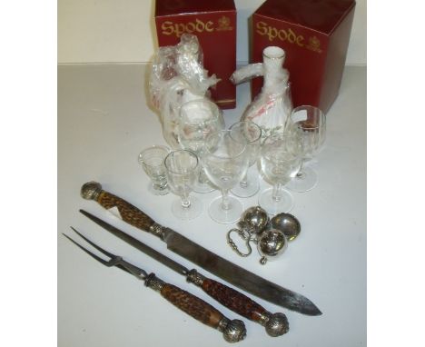 Two Spode vases in original boxes, small selection of glasses, stag handle carving set etc.