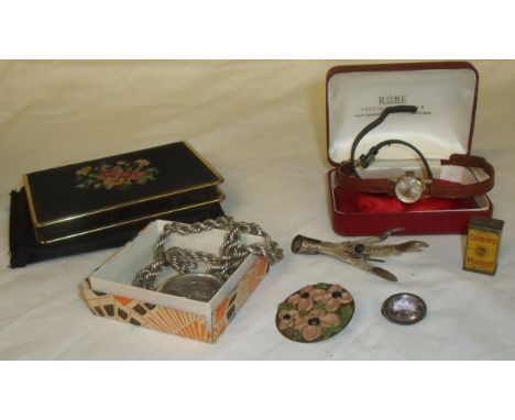 Rustin's wax craft floral brooch, miniature Colmans Mustard pencil sharpener, white metal locket on similar rope twist chain,