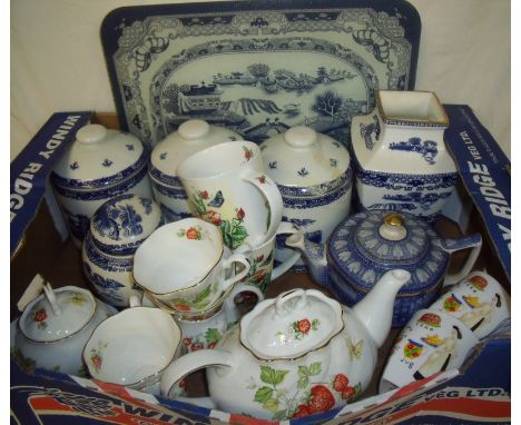 Selection of Ringtons blue and white including three canisters, vase, teapot and Ringtons 'Virginia Strawberry' tea set compr