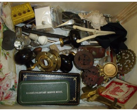 Box of assorted collectable's including medal boxes, door knobs, match boxes, playing cards, pair of bone glove stretchers et