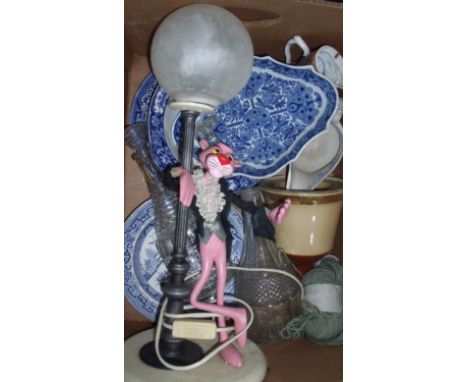 Pink Panther table lamp, blue and white bowls etc.