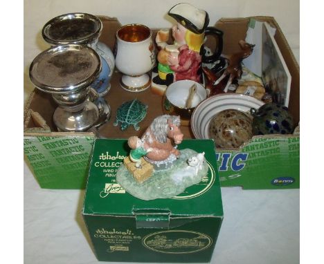 Grays Pottery Thelwell collectable figurine 'Bath Time' in original box, pair pair of gilt candlesticks, charactor jug, comme