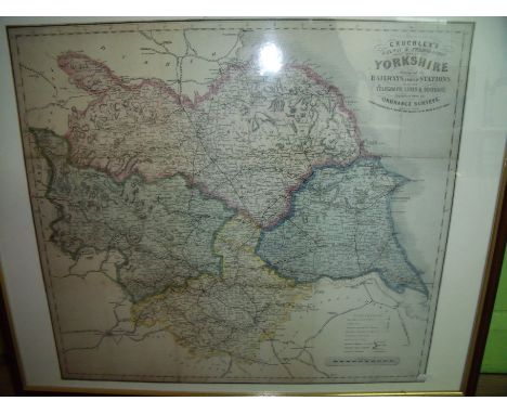 Large framed Crichley's 'Railway & Telegraphic Map Of Yorkshire Showing All the Railways And Names Of Stations, Also The Tele