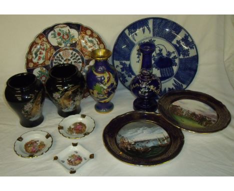 Modern oriental cloisonne vase, two Japanese ceramic vases a blue glass vase, large Imari charger and oriental blue and white