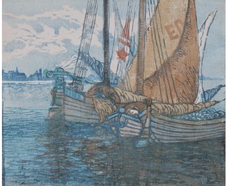 Grosvenor School, colour block print, sailing barges, indistinctly signed in pencil, image 11.5" x 13.5", unframedSlight pape
