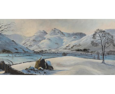 T R Sanderson, oil on board, winter landscape Langdale, signed, 18" x 36", framedGood original condition, would benefit from 