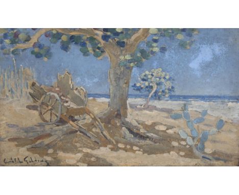 Tomas Golding (1909 - 1985), oil/gouache on board, cart on a Continental beach, signed, 7" x 11.5", framedPainting is in unto