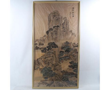 Chinese School, ink/watercolour on silk, mountain landscape with text inscription and seal, 44" x 23", framedThere is a horiz