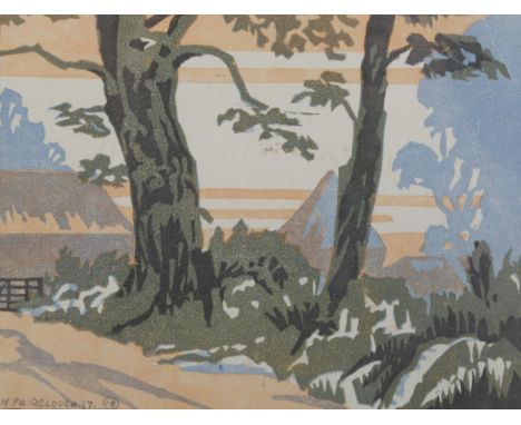 Mary Fairclough (1913 - 2000), colour linocut print, Corn Stacks, signed in the plate, 5" x 6", framedGood condition 