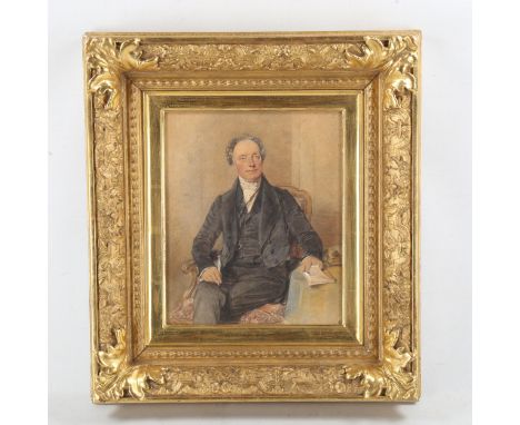 19th century watercolour portrait of a gentleman in a library chair, unsigned, 12" x 9.5", framedPainting has very light foxi